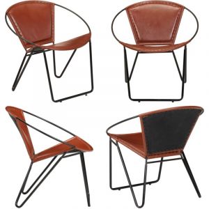 Chaise marron cuir v&eacute;ritable - Fauteuil En Cuir - Fauteuil Vintage - Chaise Relaxante - Chaise Confort - Mobilier Salon - Home & Living