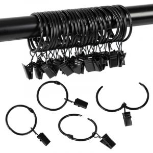 Anneaux de rideaux ouvrables avec pinces, diam&egrave;tre int&eacute;rieur de 1 pouce, parfaits pour les h&ocirc;tels, restaurants et caf&eacute;s, noirs, lot de 20.