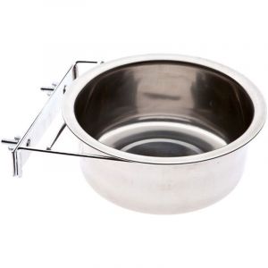 Coupe 17 cm: Gamelle ronde en acier inoxydable avec plaque et vis à accrocher à un chenil en bois