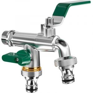 Double Robinet de Jardin, robinet exterieur en laiton, robinet avec double sortie 3/4" et Entr&eacute;e 1/2", robinet antigel avec double connecteur et