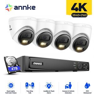 4K Kit de Vid&eacute;osurveillance Exterieure 8CH nvr 4&times;Cam&eacute;ras Intelligente Double Lumi&egrave;re Audio 2 Voies,Vision Nocturne,Alarme E-Mail Kit Cam&eacute;ra de
