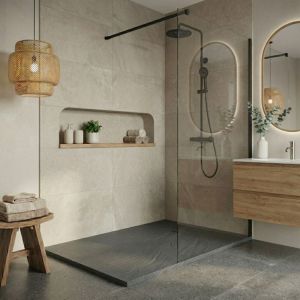 Ceramia PixL 120x90 cm receveur de douche rectangulaire &agrave; poser BMC avec surface effet pierre, gris fonc&eacute; (CERAPX12090DG)