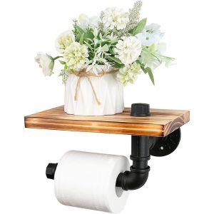 Porte-papier toilette industriel avec cadre en bois et tuyau en fonte - porte-papier toilette mural rustique - porte-papier toilette de salle de bain