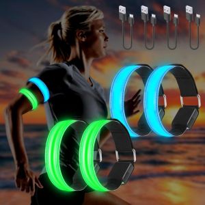 4PCS Brassard Lumineux LED Rechargeable USB, Brassard Reflechissant LED Running, Bande Clignotant Ajustable Bracelet Lumineux LED de Sécurité pour