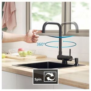 Robinet de cuisine rabattable, noir, robinet de cuisine rabattable avec 2 buses au choix sous la fen&ecirc;tre, mitigeur de cuisine avec bec rotatif &agrave;