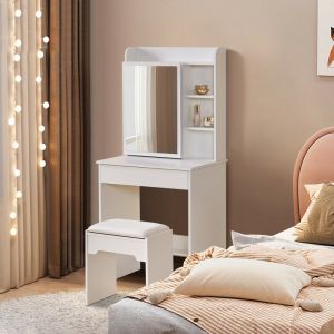 Clipop - Coiffeuse avec miroir et tabouret, Rangement derri&egrave;re le miroir, 60 x 40 x 130 cm,Style Moderne, Blanc