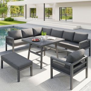 Salon de jardin, ensemble de meubles en rotin PE pour 6-7 places - cordage - canap&eacute; d'angle en fer galvanis&eacute;,tables,fauteuils et banc - gris