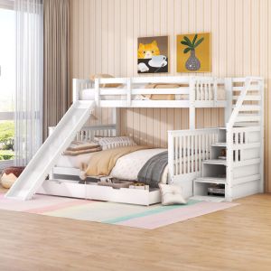 Hauss Spole - Lit superposé 90/140×200 cm, lit enfant 2 places , 2 tiroirs, avec toboggan et escalier de rangement, sans matelas, pin, blanc