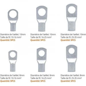 30 Pi&egrave;ces Cosses Electriques Ronde &agrave; &OElig;illet en Cuivre &Eacute;tam&eacute; - Extr&eacute;mit&eacute;s de C&acirc;bles de Batterie Non Isol&eacute;es - Cosses &agrave; Sertir a Oeil &agrave; Anneau - 16-35
