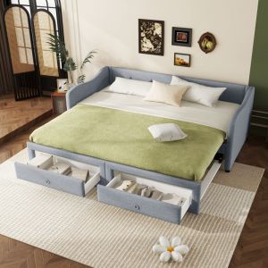 Canapé-lit 90x200 cm, lit enfant/adulte, lit simple avec lit gigogne convertible en lit double 180x200cm, 2 tiroirs, lin, sans matelas, gris