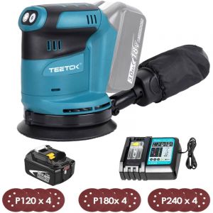 Teetok - Ponceuse orbitale aléatoire sans fil,Sans balais,ponceuse 18V ø 125mm, Compatible avec la batterie Makita, 6 vitesses avec sac à poussière &