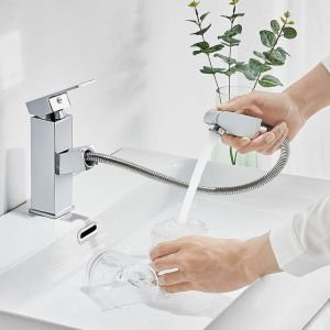 Mitigeur Lavabo avec Douchette Extractible Chrome Moderne Robinet pour Lavabo et Vasque Salle de Bain WC Robinetterie,