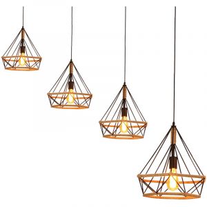 Suspension Lustre Industrielle Vintage R&eacute;tro Cage Diamant Lampe de Plafond en Corde de Chanvre Noir 4PCS