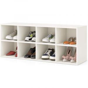 Banc à Chaussures 8 Compartiments, Rangement Chaussure Charge 230kg, Banc Bout de Lit, Bibliothèques Meuble de Rangement, Blanc