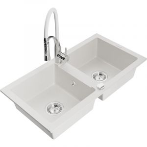 Mexen Mario &eacute;vier en granit &agrave; 2 cuves avec robinet de cuisine Aster, blanc - 6504-20-73450-02