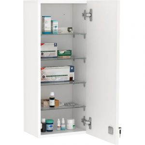 Armoire &agrave; pharmacie murale avec serrure, 5 &eacute;tag&egrave;res et tablettes r&eacute;glables, bois et verre, blanc, 30x20x70cm