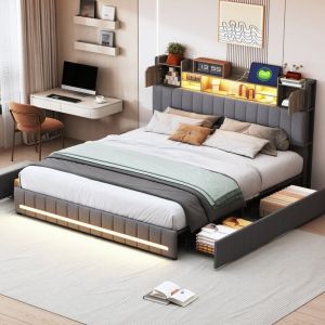 Fortuna Lai - Lit adulte capitonné 140x190 cm avec sommier, 4 tiroirs, tête de lit ouverte avec rangement, double port usb, lin, éclairage led - Gris