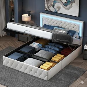 Lit 160x200cm - Lit Coffre 160 / Lit Double Capitonn&eacute;e - T&ecirc;te de LitLED et Cadre de Lit Relevable &agrave; Boutons - en Velours - Beige