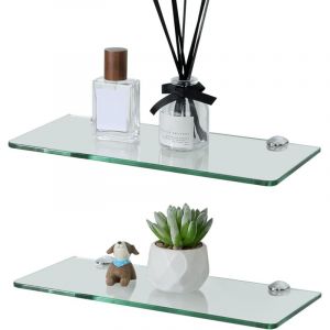 &Eacute;tag&egrave;re Murale en Verre Tablette Salle de Bain, &Eacute;tag&egrave;re de Douche en Verre Transparent Tremp&eacute; de 6mm &Eacute;paisseur et Chrom&eacute; Poli Supports, 2 Pcs