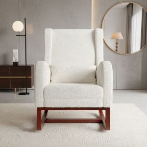 Fauteuil à Bascule avec Repose-Pieds Rétractable - Rocking Chair de Salon ou d'Allaitement - Fauteuil Relax Rembourré en Tissu Teddy Velvet Beige