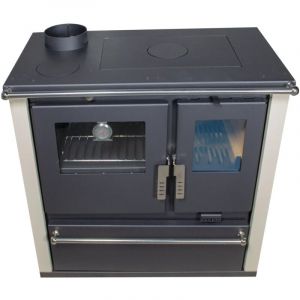 Cuisinière à bois Verso cs Plus - 7,7 kW Plaque supérieure en métal, four en acier inoxydable, panneaux latéraux ivoire et sortie de fumée à gauche
