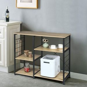 Woltu - tagère de Cuisine Étagère de Micro-Ondes en métal et Bois avec 5 Tablettes 90 x 40 x 83, 5 cm, Noir + Chêne Clair
