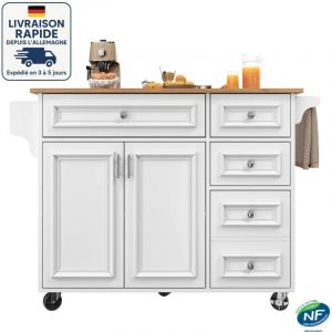 Desserte &Icirc;lot de Cuisine Desserte &agrave; roulettes avec &Eacute;tag&egrave;re &agrave; &eacute;pices et Porte-Serviettes - 110&times;45-75&times;92cm - Avec 5 tiroirs, 2 portes - scandinave