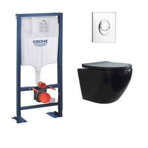 Pack WC Grohe Rapid SL + Cuvette sans bride KELOS Flush Noir Mat + Plaque Skate Air Chromé