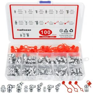 100 Pi&egrave;ce Graisseur m6 m8 m10, Nickel&eacute; Filetage M&acirc;le Graisseurs 45&deg;90&deg;180&deg;, Assortiment de Graisseurs avec Couvercle & Bo&icirc;te en Plastique, Raccords