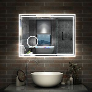 Simple Bluetooth led miroir de salle de bain tricolore tactile avec anti-buée et miroir grossissant 3x, suspendu horizontalement 120x70cm - Aica