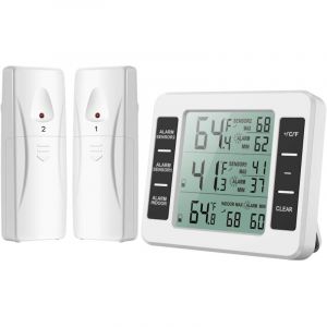 Thermomètre Frigo, Thermometre Réfrigérateur avec Alarme Congélateur, Thermomètre Intérieur Extérieur Sans Fil avec 2 Capteurs, min/max et Alarme