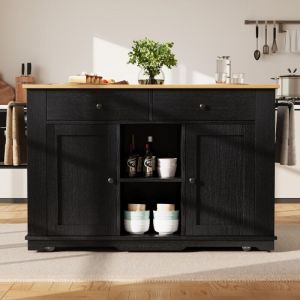 Desserte de cuisine chariot noir avec plan de travail, barre d'alimentation et rangement, design bois pour salle à manger et cuisine.