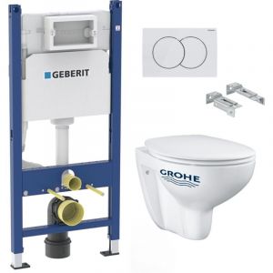 Geberit - Pack wc Bati-support Duofix + Cuvette suspendue Grohe Bau Ceramic + Abattant declipsable + Plaque blanche (BauClassicGeb