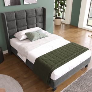 Okwish - Lit adulte 90x200 cm lit simple rembourré avec tête de lit capitonnée et sommier à lattes en bois, tissu en lin, gris, sans matelas