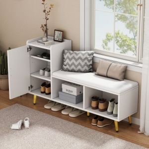 Meuble à chaussures blanc brillant, 10 paires, 1 porte, meuble de rangement d'entrée, avec banc rembourré, 120 × 35 × 71,5 cm