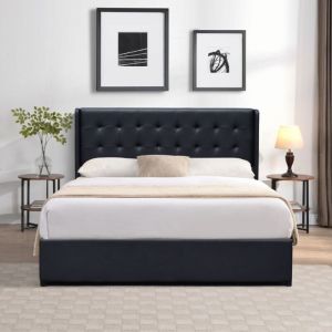 Lit coffre d&eacute;houssable noir 120x190cm avec t&ecirc;te de lit capitonn&eacute;e - 12 lattes - Montage rapide - Rev&ecirc;tement PVC facile d'entretien