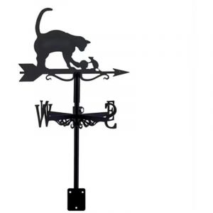 Girouette &agrave; planter ou &agrave; fixer motif "Chat et souris" , Indique la direction du vent : N - S - W - O, D&eacute;co jardin, M&eacute;tal verni, Noir(Sans tige)