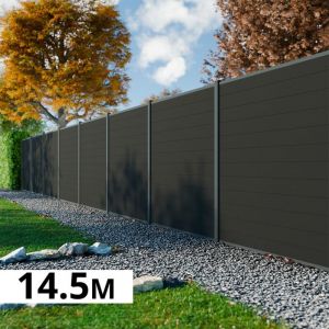 Kit Cl&ocirc;ture Bois Composite Anthracite 14,5x1,8m RIO - Poteaux en Aluminium Gris - Brise Vue - Palissade
