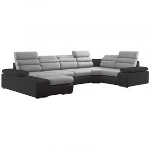 Vente-unique - Canap&eacute; d'angle panoramique convertible en tissu et simili boileau - Bicolore gris/anthracite - Angle gauche