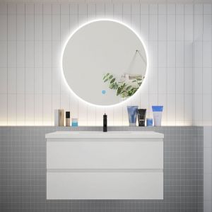 Ensemble meuble vasque L.99cm 2 tiroirs + lavabo + LED miroir rond 90cm,blanc,easy