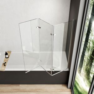 Pare baignoire 120x140cm pivotant rabattable écran de baignoire 3 volets, Verre nano facile à nettoyer de 6 mm - Meykoers