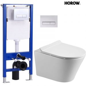 Horow - wc suspendu wc mural avec abattant à nano-revêtement - Superspin chasse d'eau monotrou+ élément avant + plaque de béquille