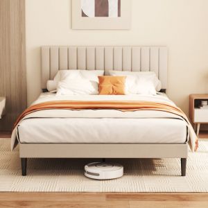 Lit adulte 140&times;200cm ,Cadre de lit double ,lit complet avec t&ecirc;te de lit rembourr&eacute;e r&eacute;glable,12 sommier lattes en bois massif,beige
