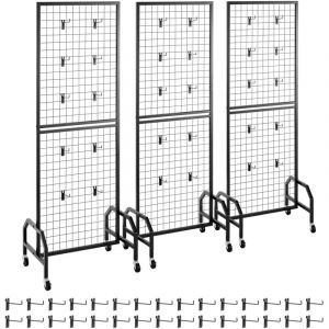 Mophorn Grille d’Exposition sur Pied 3 Pièces 60x164 cm, Panneaux en Acier Carbone, Présentoir Mobile avec Roulettes et 30 Crochets, Idéal pour
