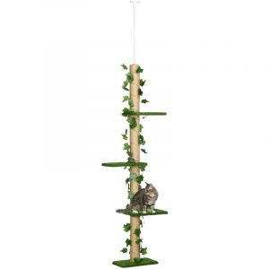 Arbre à chat poteau à griffer fixation plafond hauteur réglable 37 x 21 x 202- 242 cm 4 niveaux vert