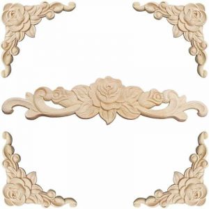 Moulure Decorative Bois 5 Pi&egrave;ces Sculpture Bois Moulure D&eacute;corative Bois Applique Moulure Rosace Decorative Floral Bois Sculpte Decal Sculpt&eacute; d'angle