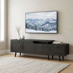 Meuble TV robin 180, Extensible(146-180cm), Banc TV avec 2 Portes et 2 Tiroirs, Pour TV jusqu'&agrave; 75, Effet Rotin & Bois, Design Scandinave
