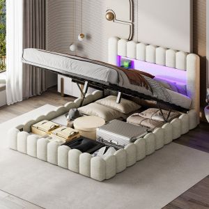 Lit double 160x200 cm avec rangements ,T&ecirc;te de lit capitonn&eacute; LED et port USB en lin beige ,M&eacute;canisme hydraulique, Cadre &agrave; lattes pour adulte ado
