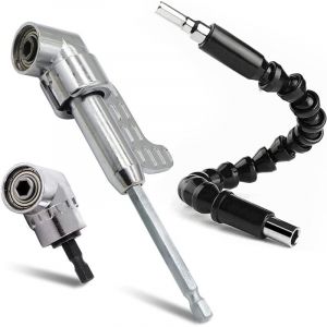 Mandrin de per&ccedil;age &agrave; angle droit argent&eacute; &agrave; 105 degr&eacute;s, tournevis &agrave; tige hexagonale de 6,35 mm (1/4") et rallonge flexible pour tournevis et perceuses