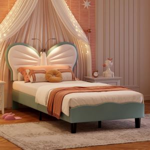 Lit Enfant 90x200cm Lit Simple Capitonn&eacute; Princesse avec T&ecirc;te de Lit Coquillage R&eacute;glable en Hauteur Sommier &agrave; Lattes Tissu Velours Beige/Rouge